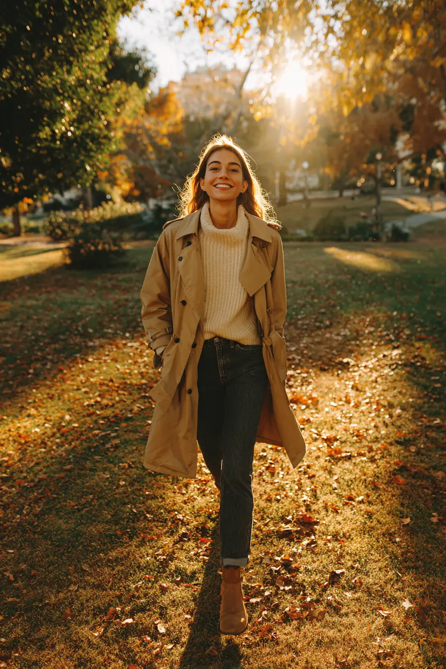 woman in camel trench coat smiling in autumn park with golden leaves all around