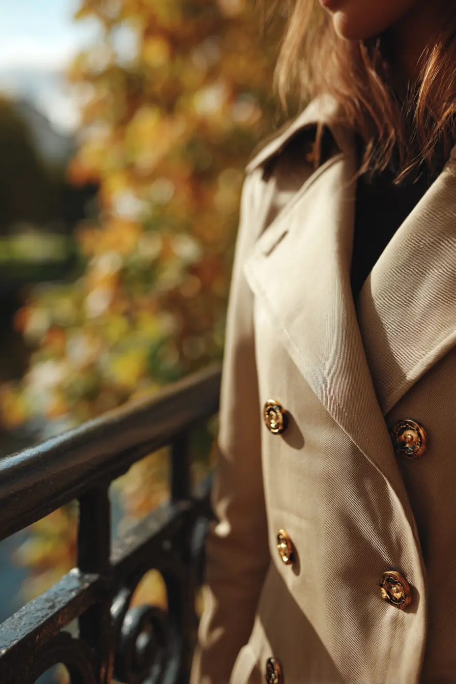 close-up of beige trench coat lapel and button detail on autumn afternoon