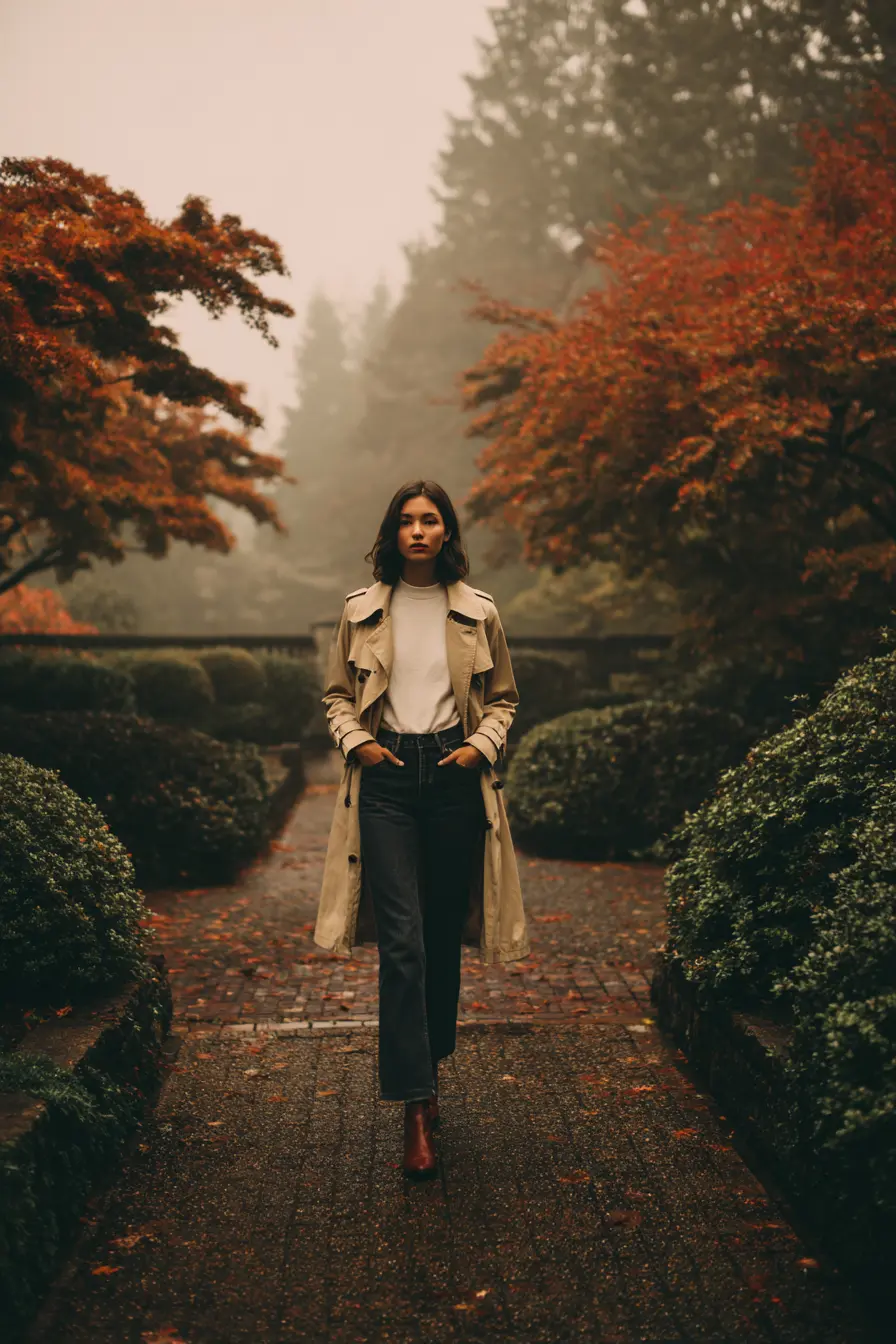beige lightweight trench coat over white tee and straight-leg dark jeans with ankle boots