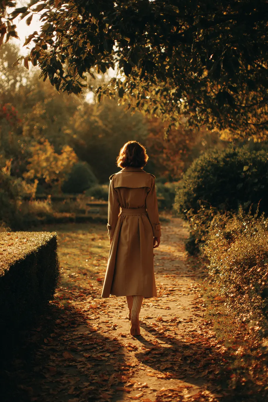 camel lightweight trench worn open over matching ribbed knit set in autumn park
