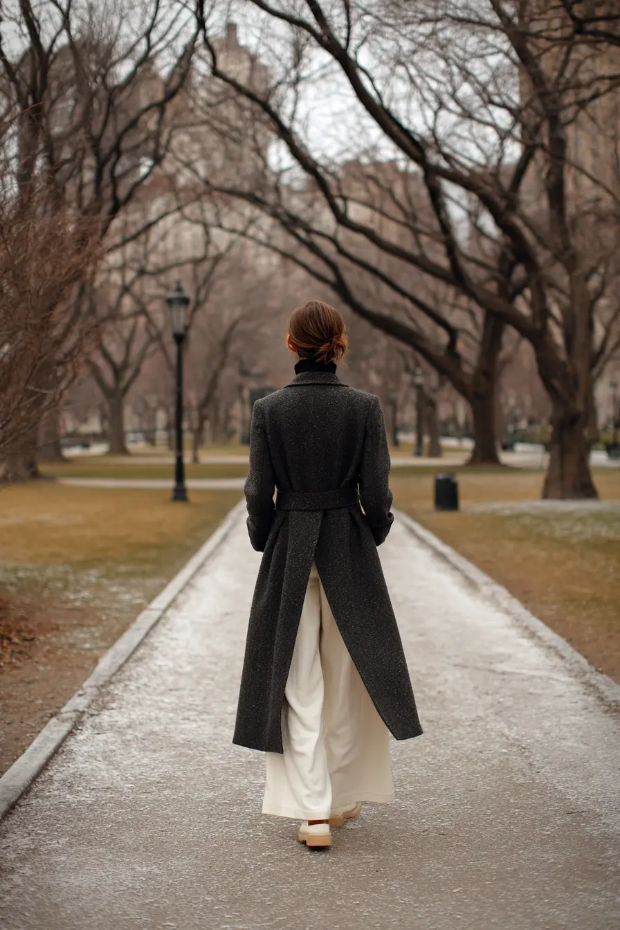 minimalist winter outfit wide-leg trousers oversized turtleneck long structured coat