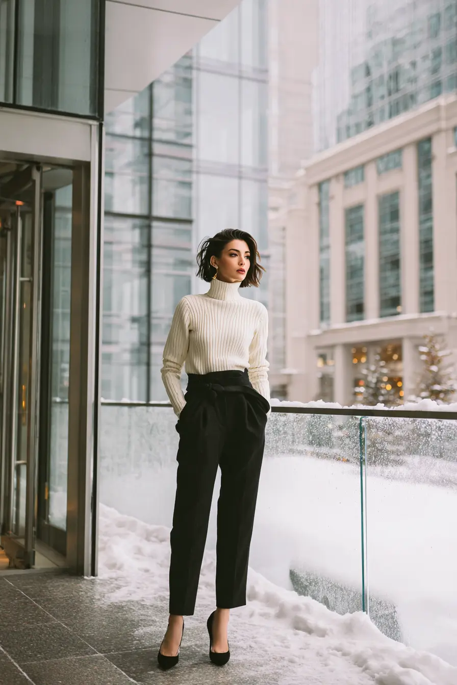 winter office outfit ribbed turtleneck tailored blazer trousers pointed pumps