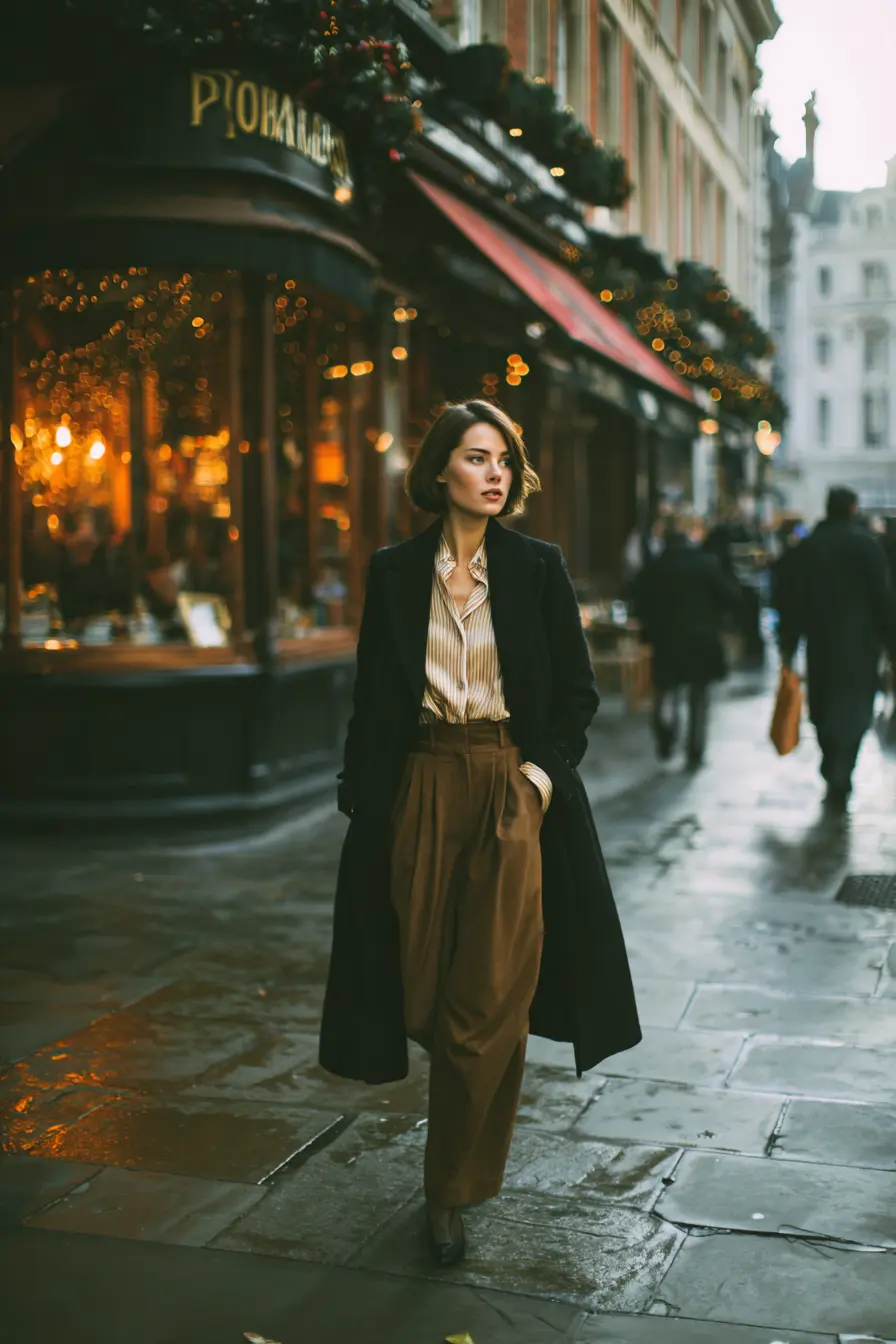 camel trousers with silk blouse and long structured coat fall first date outfit