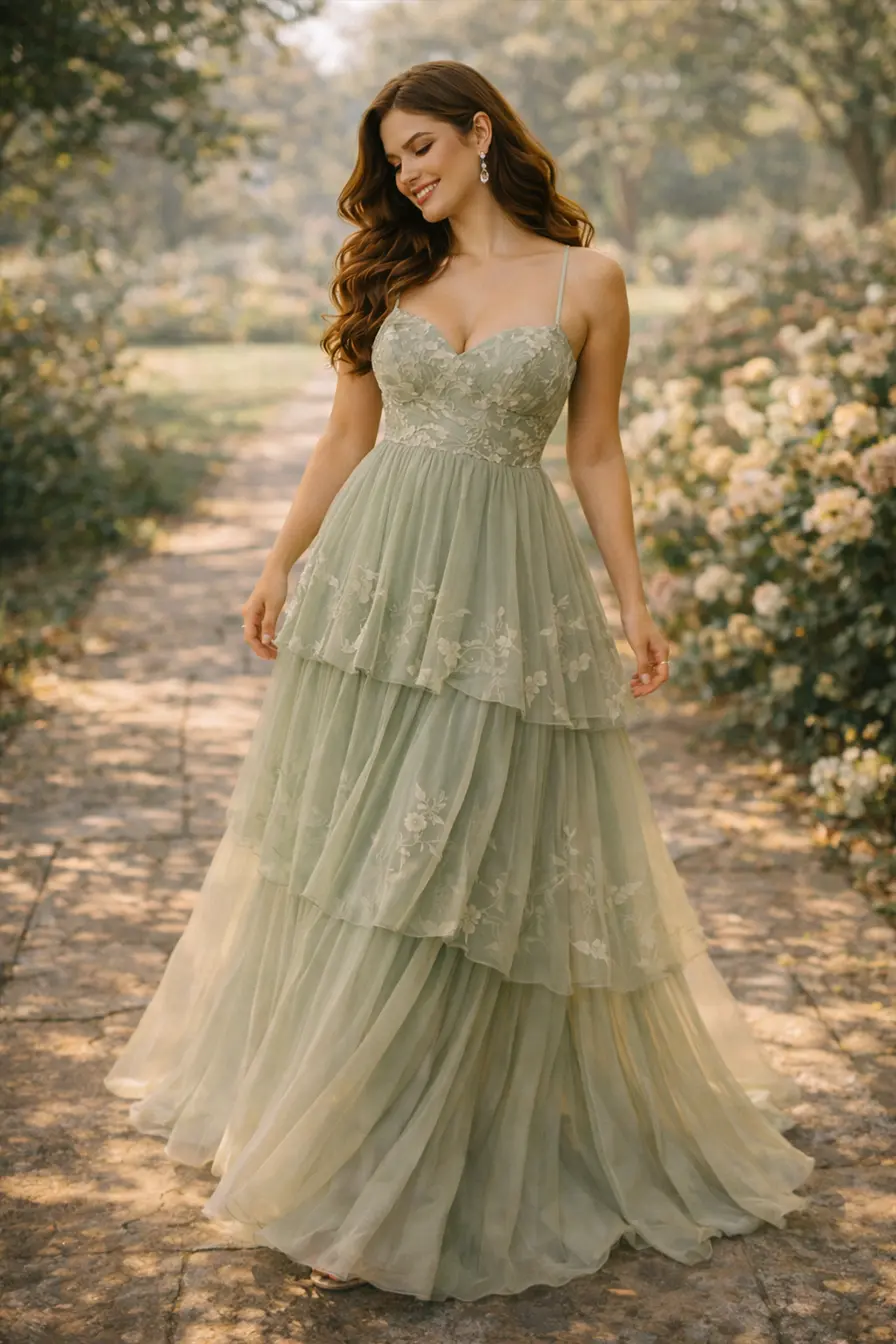 curvy teen in sage boho chiffon tiered prom gown with embroidery