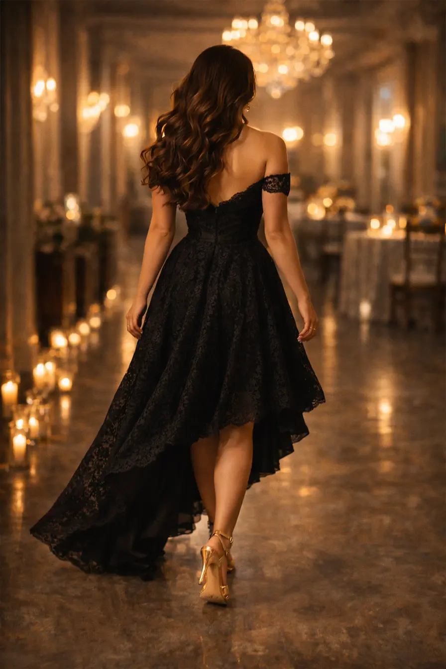 curvy teen in black high-low lace prom dress showing strappy heels