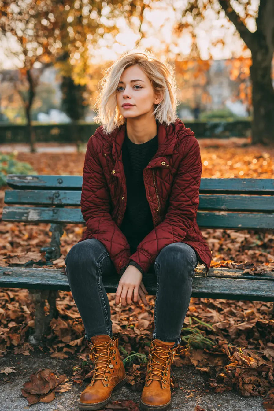 burgundy quilted jacket over black turtleneck and straight jeans with lace-up boots