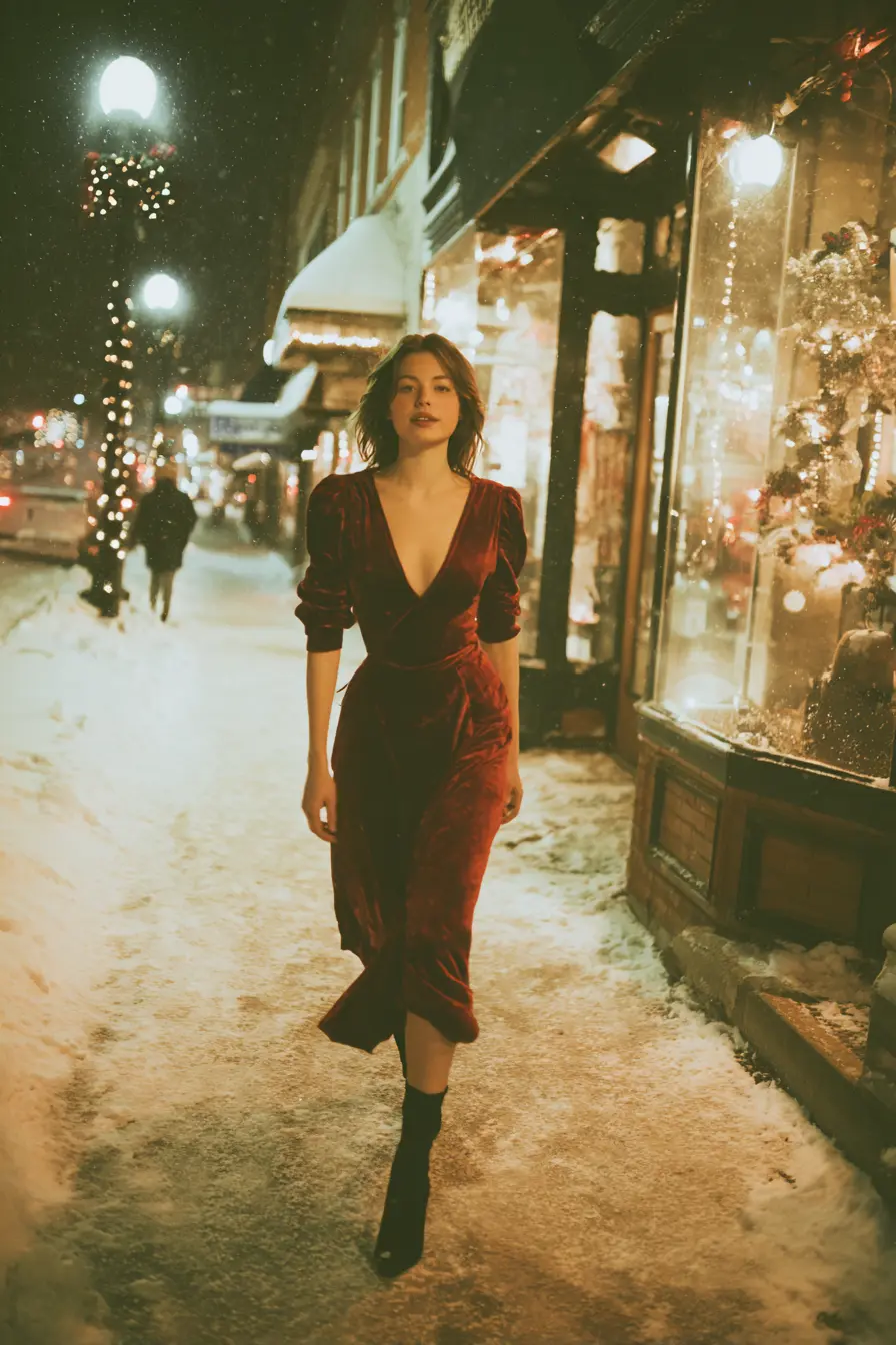 woman in red velvet midi dress walking frost-covered city sidewalk holiday party night