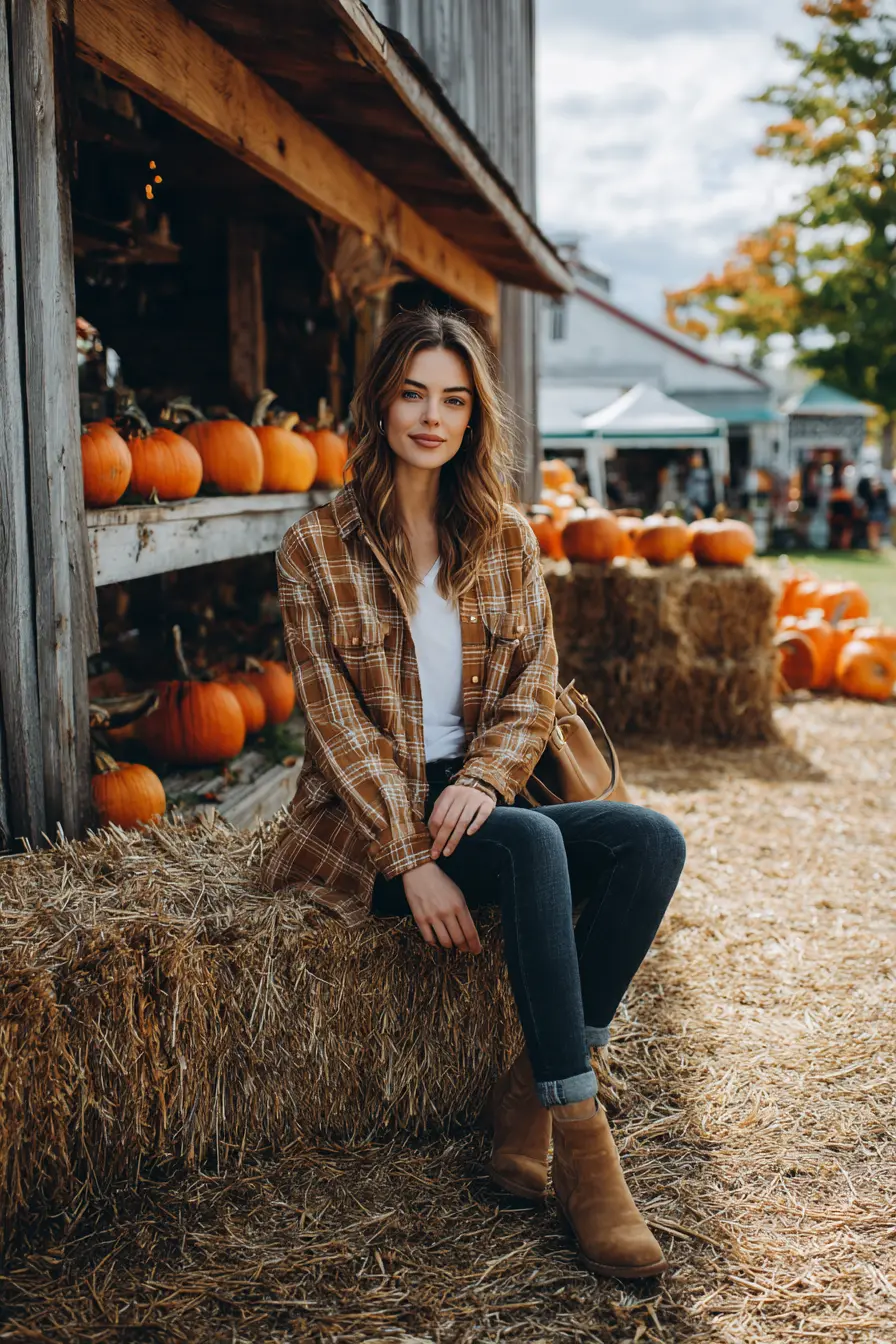 rust plaid shacket worn open over white tee with jeans and Chelsea boots fall look