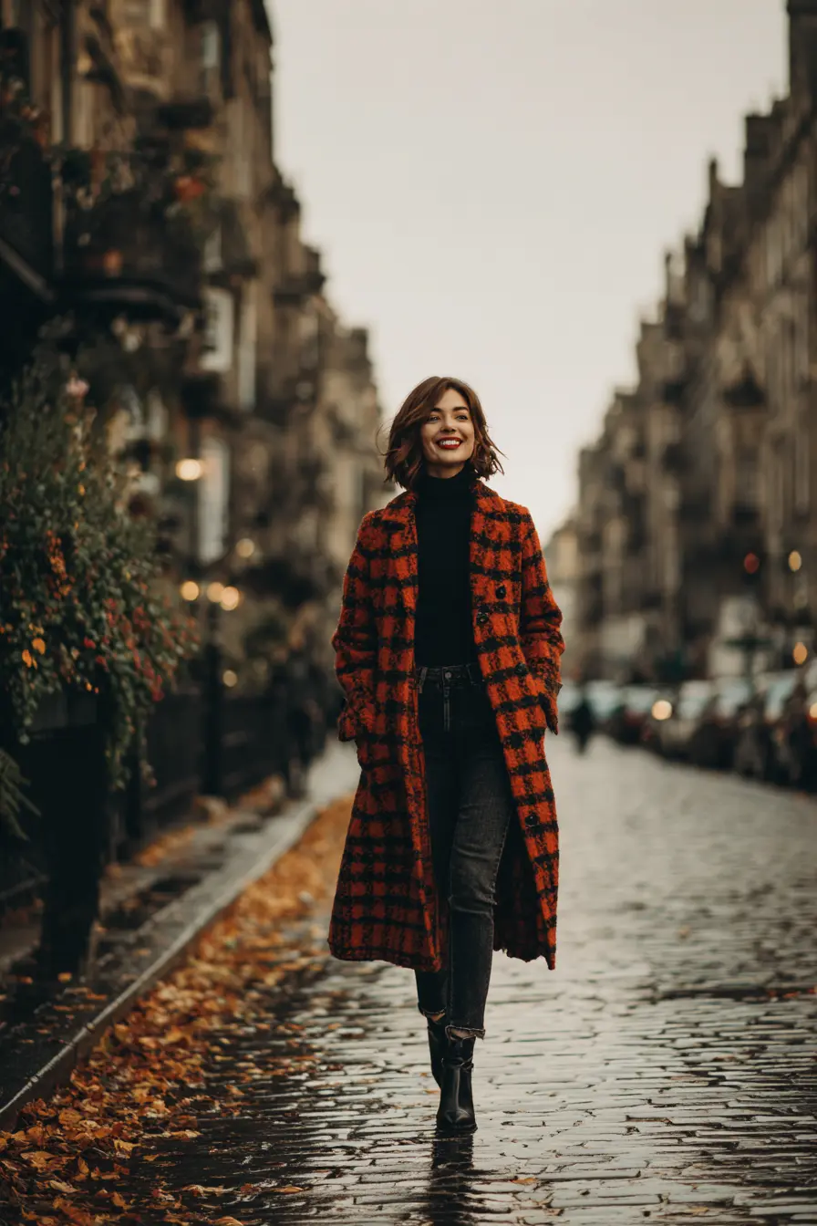statement coat winter look plaid longline coat over black turtleneck and slim jeans