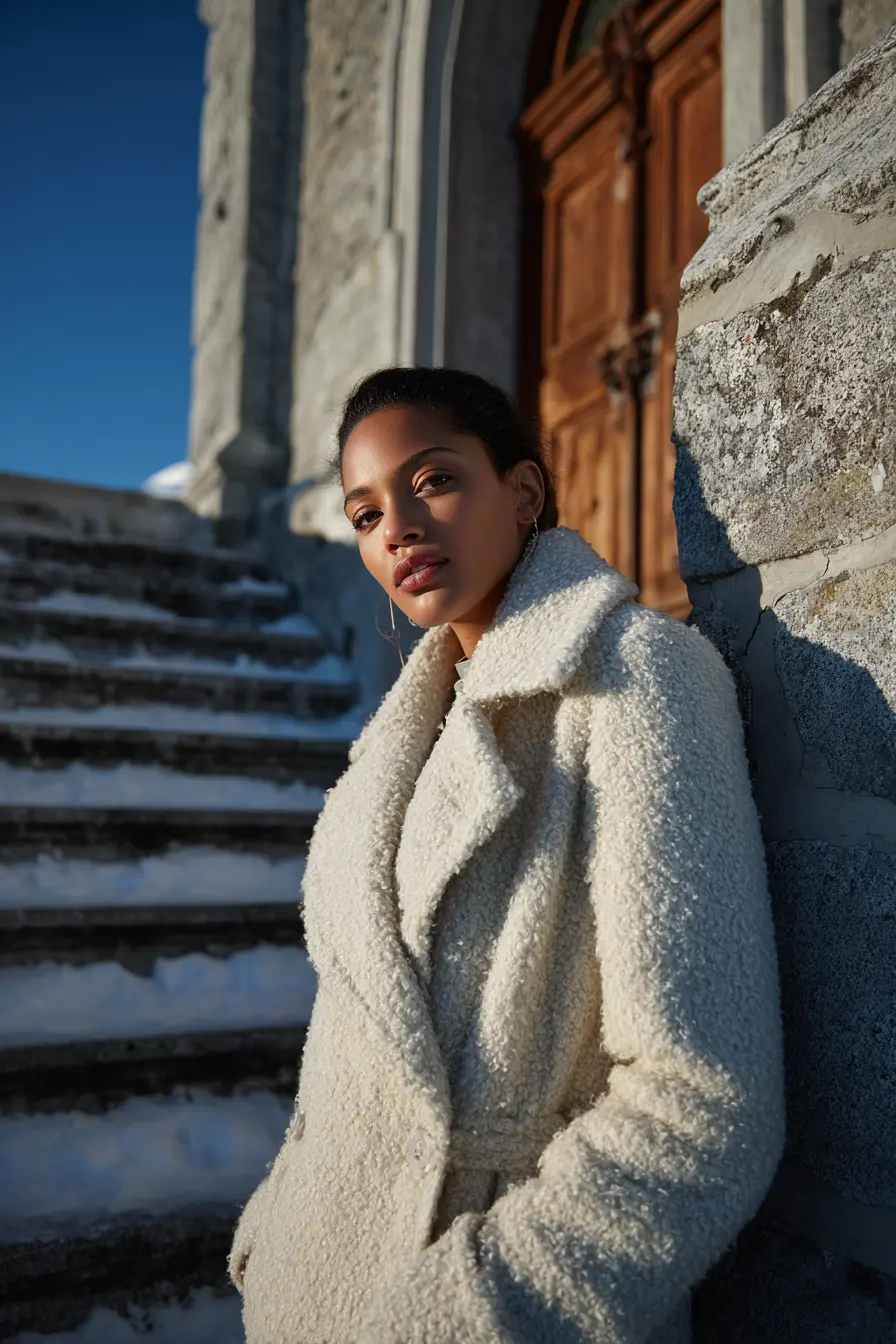 woman in structured bouclé oversized coat outside winter building entrance editorial style