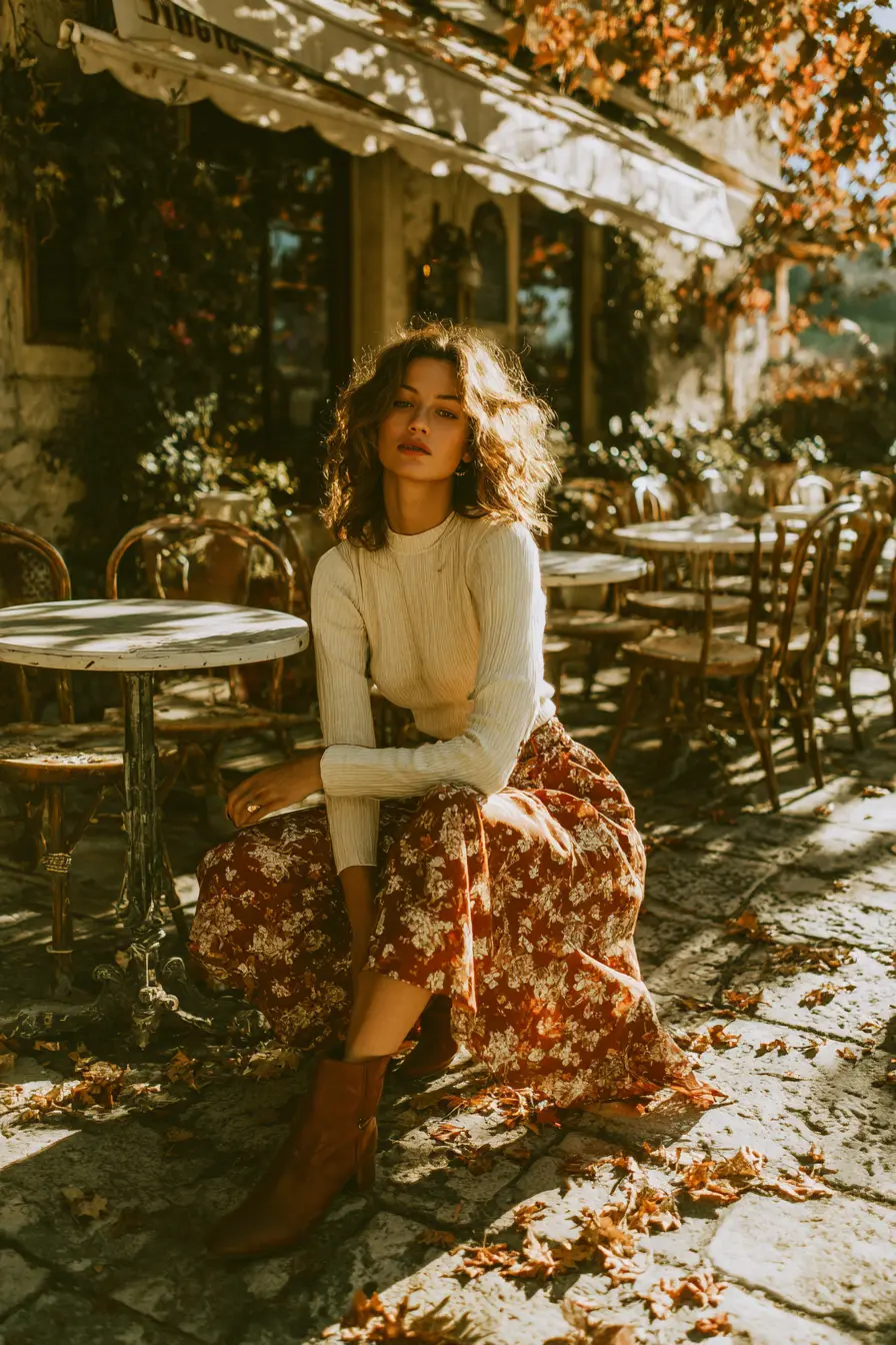 terracotta printed midi skirt with fitted long sleeve top and ankle boots fall brunch date