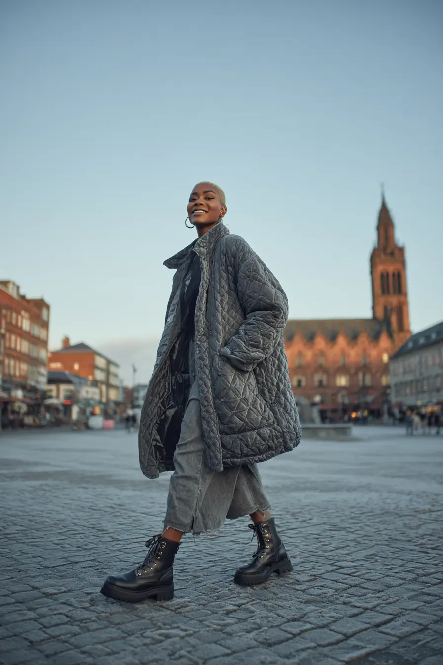 woman in long quilted jacket wide-leg trousers waterproof boots winter street