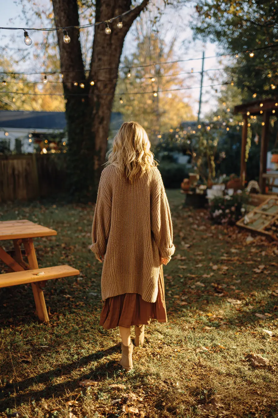 woman in longline camel cardigan and flat ankle boots outdoor Thanksgiving gathering look
