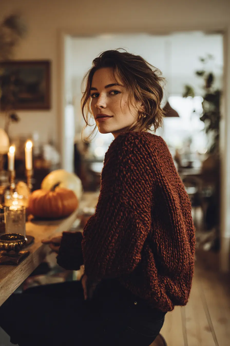 woman in oversized burgundy cardigan and straight-leg pants hosting Thanksgiving dinner