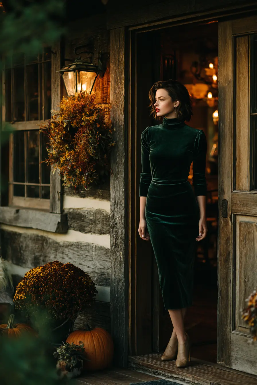 deep green velvet midi dress with turtleneck underneath and heeled ankle boots holiday look