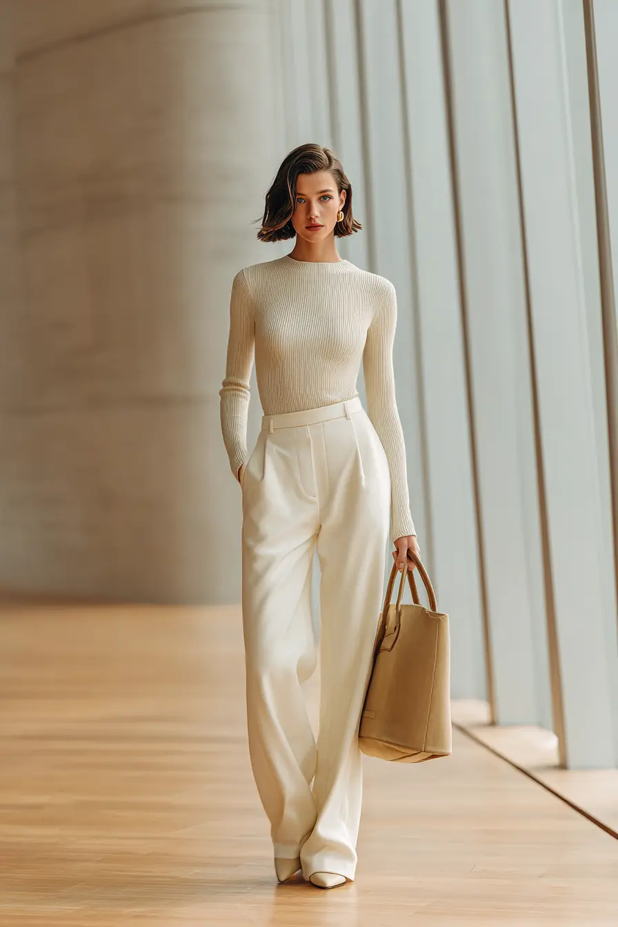 monochromatic beige wide-leg trousers and fitted long-sleeve top minimalist Thanksgiving outfit