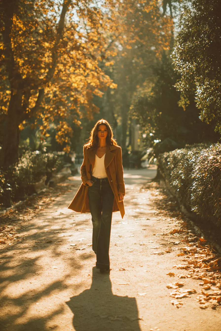 camel blazer over white top and dark flared jeans with ankle boots fall holiday look