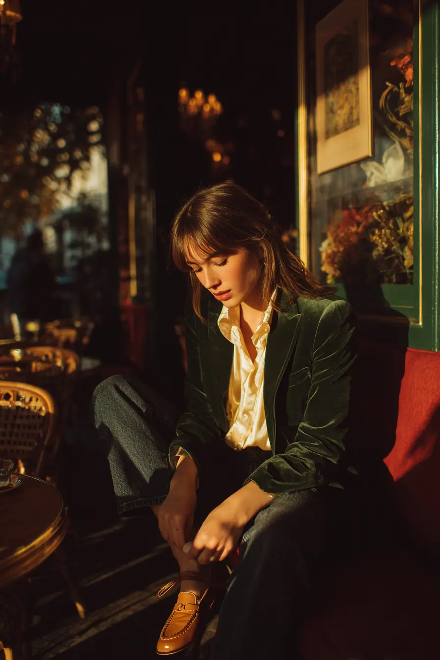 dark straight-leg jeans with forest green blazer and satin blouse elevated Thanksgiving look 
