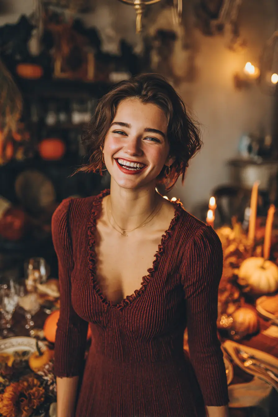 woman in burgundy midi dress and cognac boots laughing at Thanksgiving dinner table