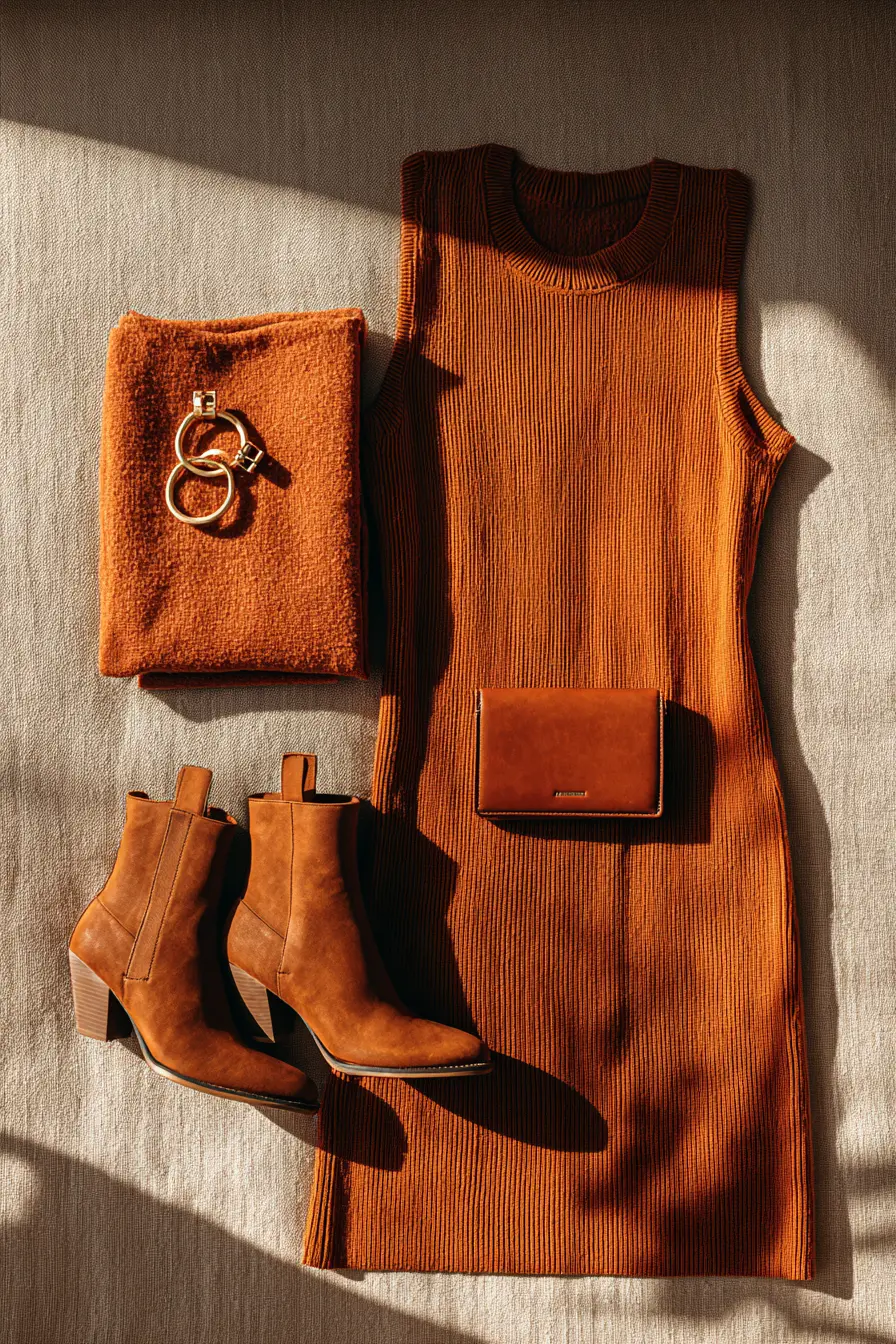 woman in a well-fitted rust knit dress and boots representing a polished Thanksgiving outfit choice