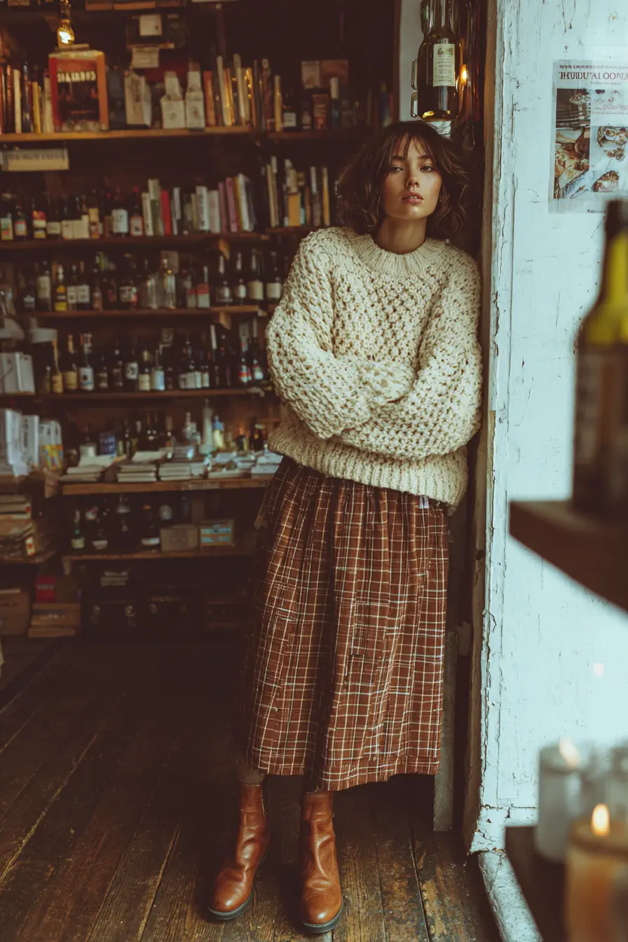 cream oversized knit sweater half-tucked into a plaid midi skirt with ankle boots Thanksgiving outfit
