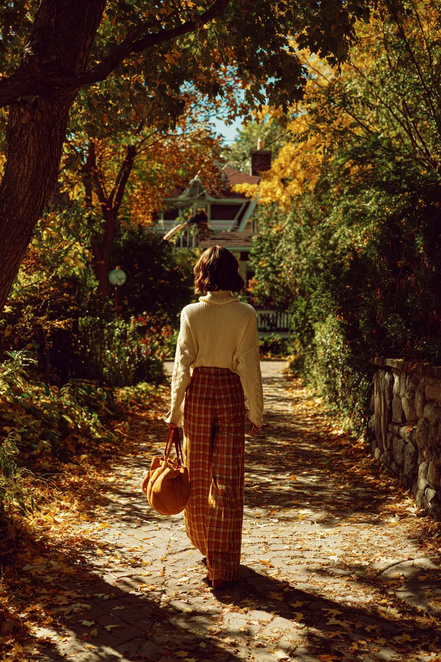autumn plaid wide-leg trousers and cream ribbed turtleneck with block boots Thanksgiving look