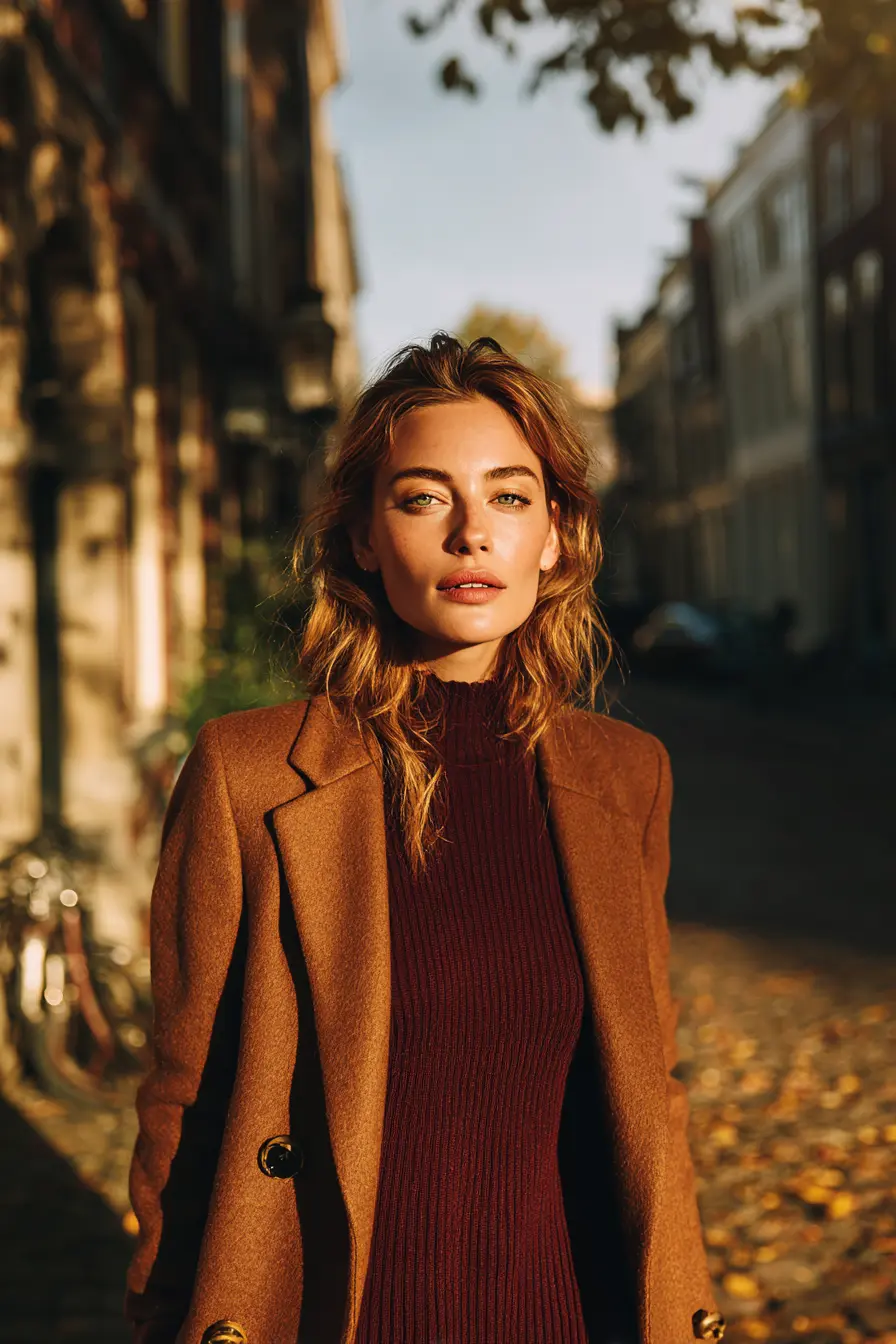 woman in burgundy ribbed midi dress and camel coat on autumn city street