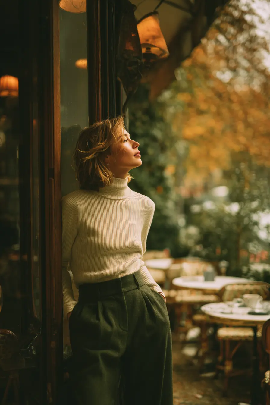 woman in forest green wide-leg trousers and cream turtleneck autumn outfit