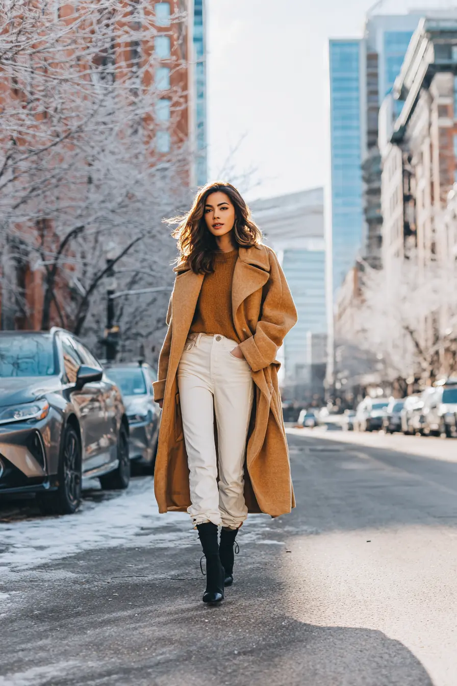 woman wearing oversized camel coat slim trousers sock boots winter city street