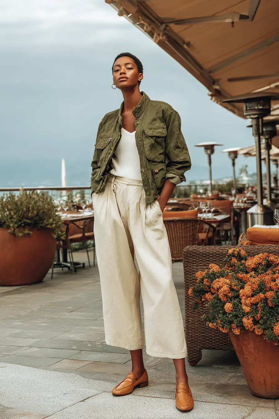 olive utility jacket with cream wide-leg trousers and leather loafers fall office style