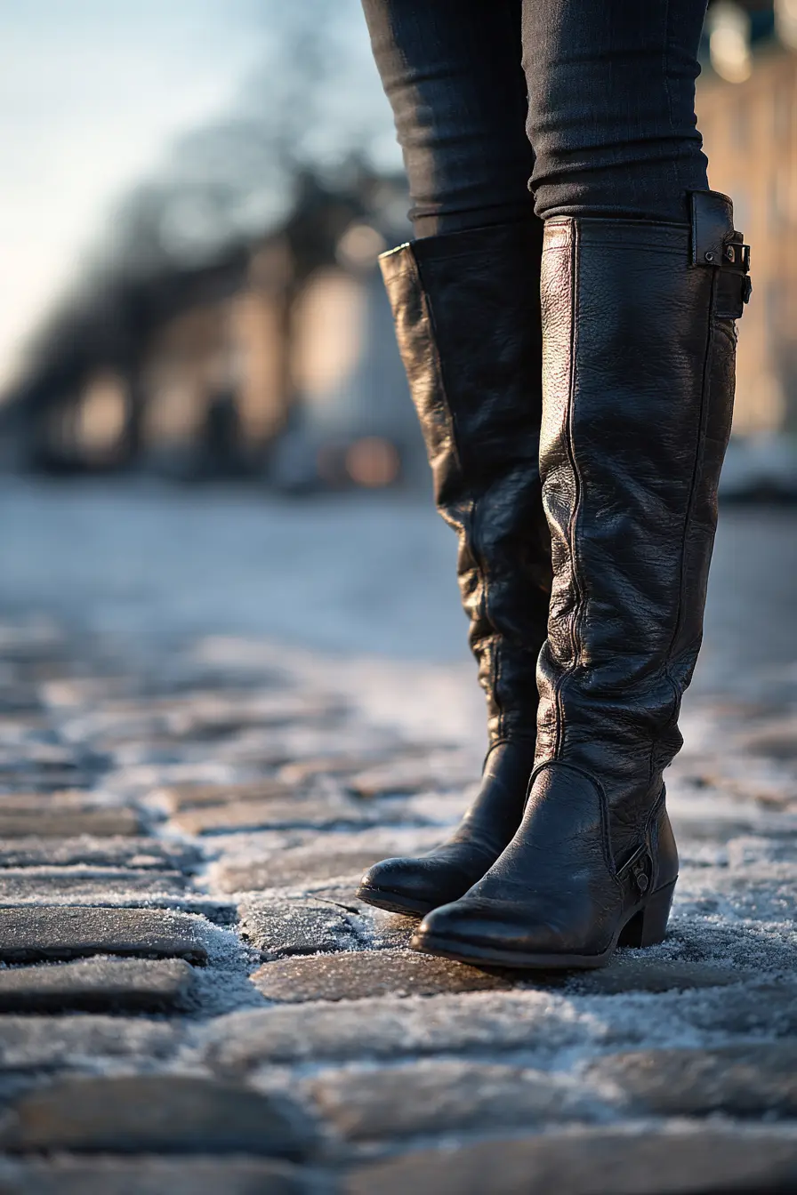 close-up of knee-high leather boots worn with slim jeans winter essential footwear