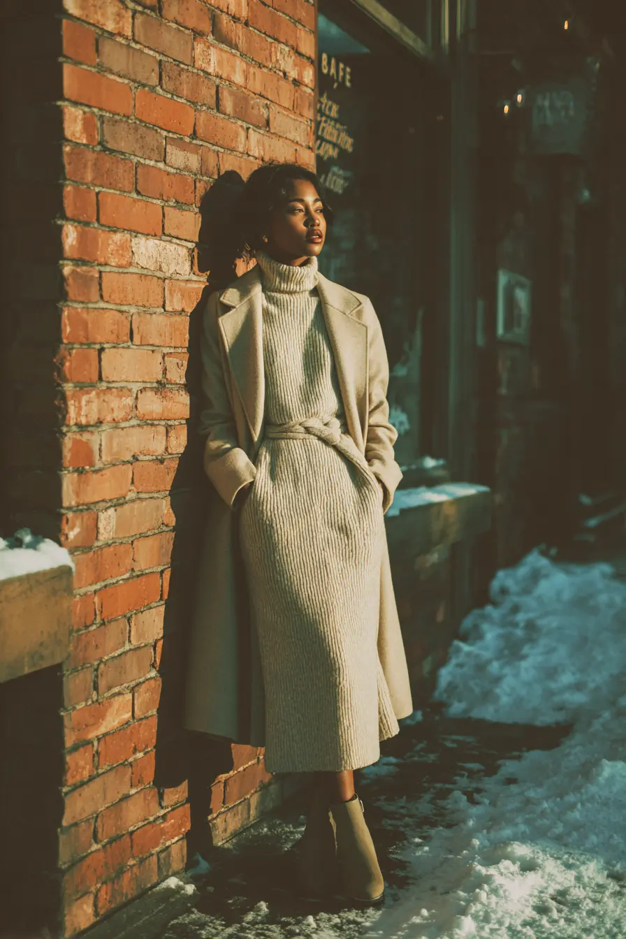 winter brunch outfit knit midi dress turtleneck ankle boots belted coat