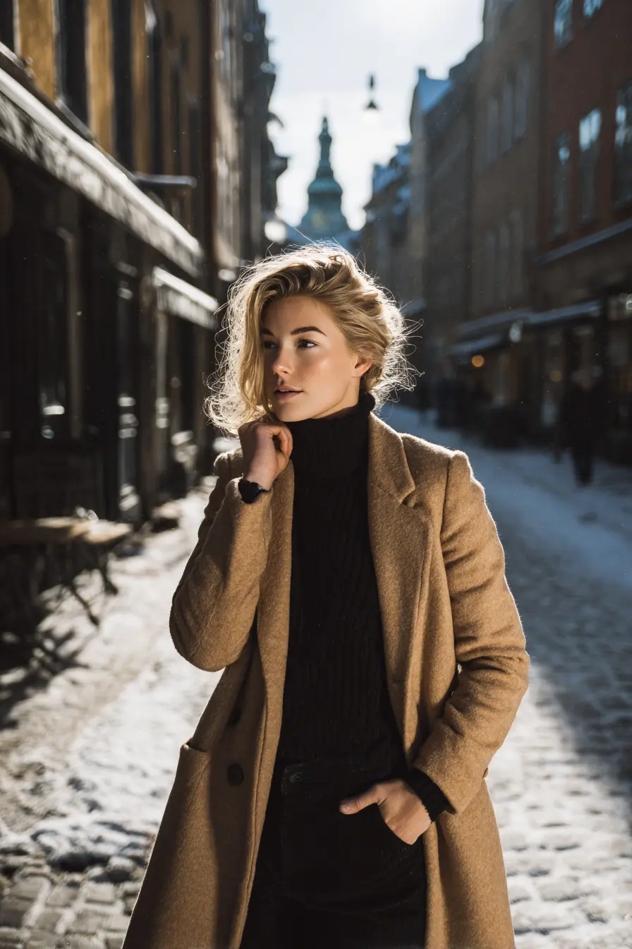woman in structured camel wool coat over turtleneck slim trousers winter essential