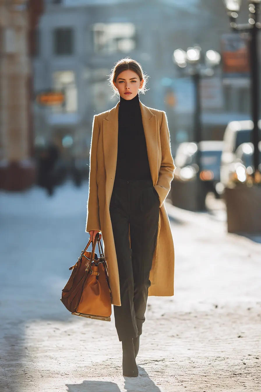 woman in camel coat turtleneck and straight-leg trousers winter commute outfit