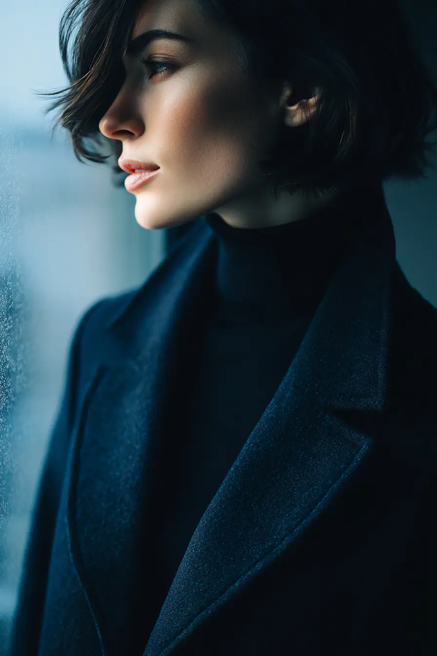 close-up on well-fitted wool coat shoulder detail and structured lapel winter styling