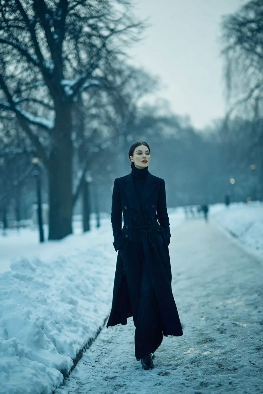 woman in black turtleneck and structured coat on snowy park path winter style