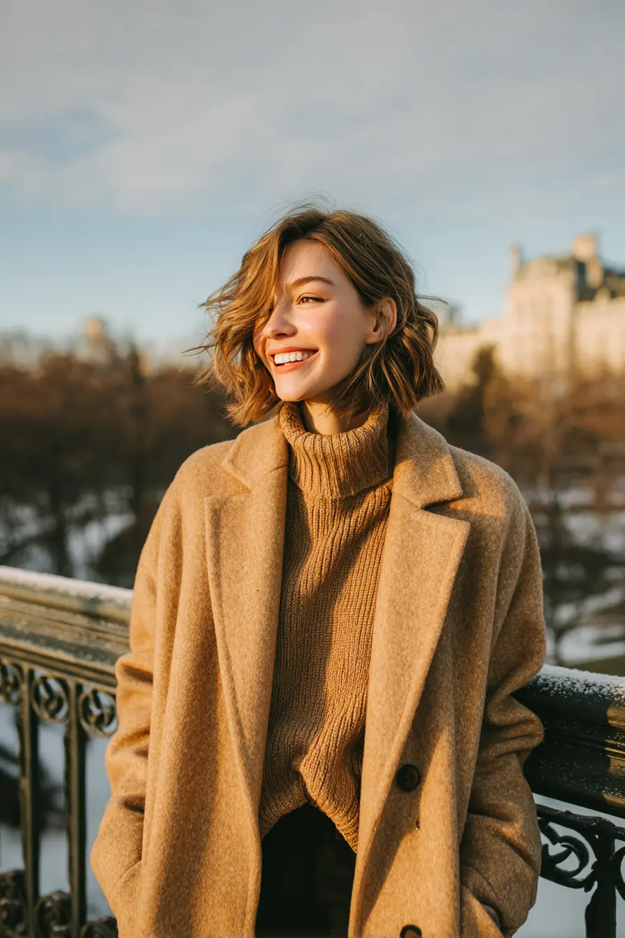 woman in winter editorial outfit smiling at camera camel coat earthy tones frost