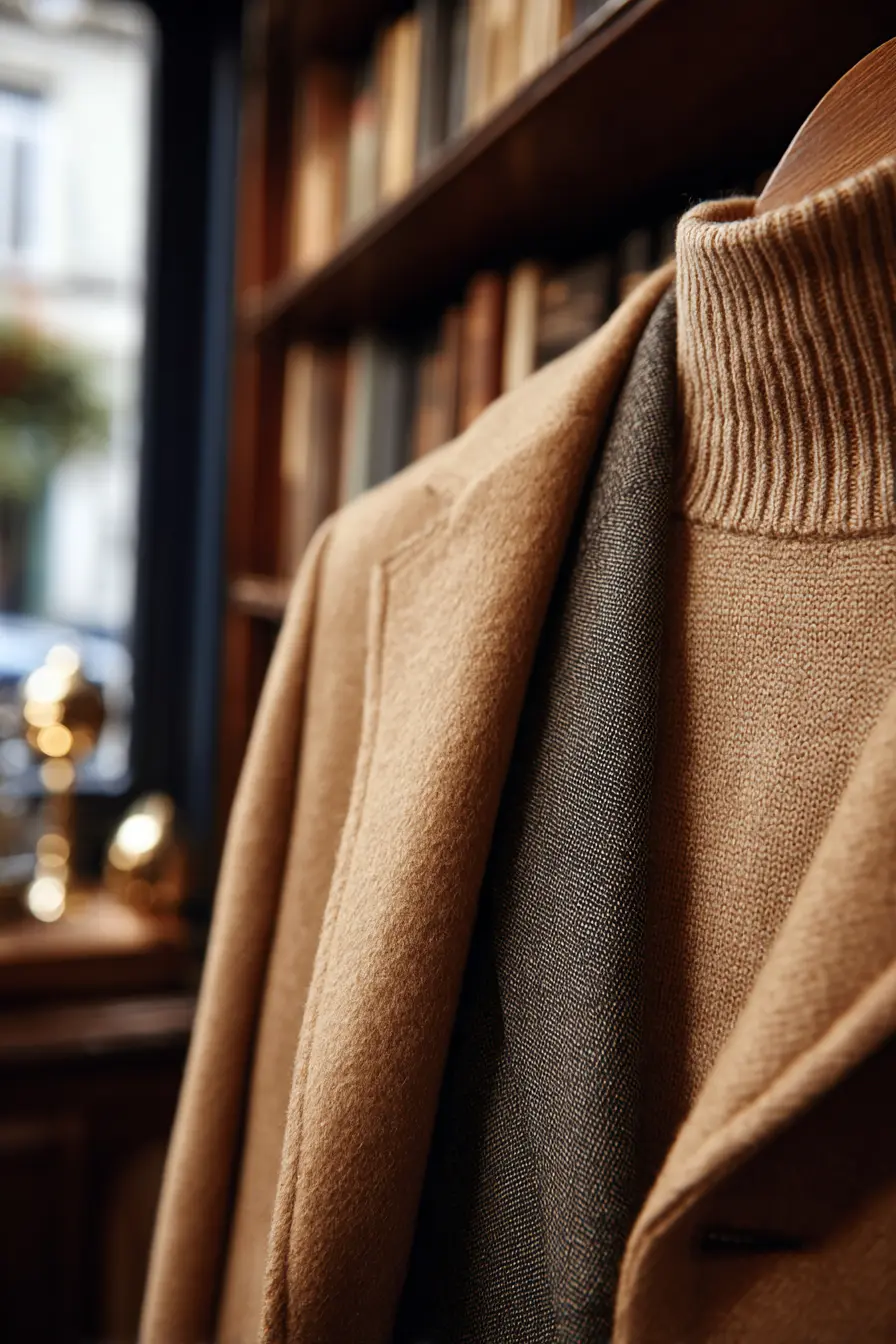 winter layering outfit ribbed turtleneck under blazer under longline wool coat layered look