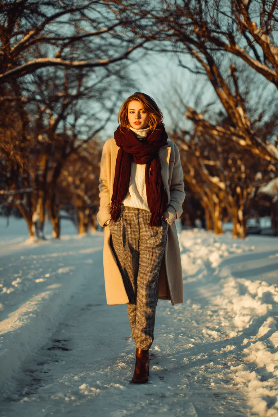 winter layering outfit turtleneck under coat scarf styled three-layer cold weather look