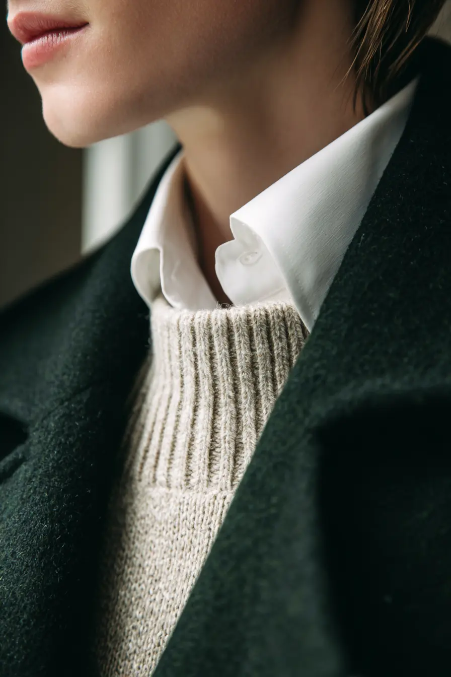 winter outfit layering texture contrast smooth silk ribbed knit structured coat detail