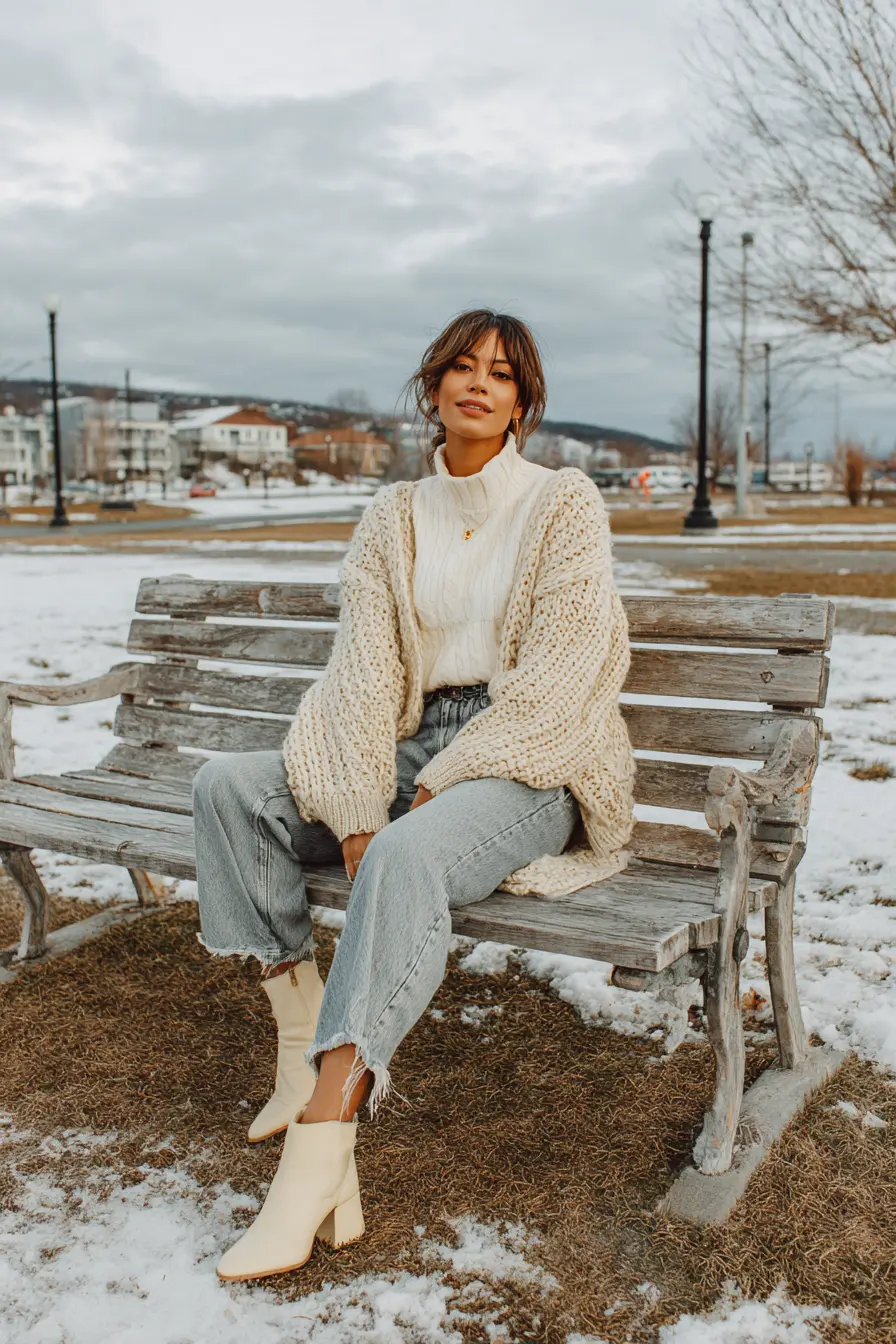 cozy neutral winter layers cream turtleneck oatmeal cardigan straight-leg jeans boots