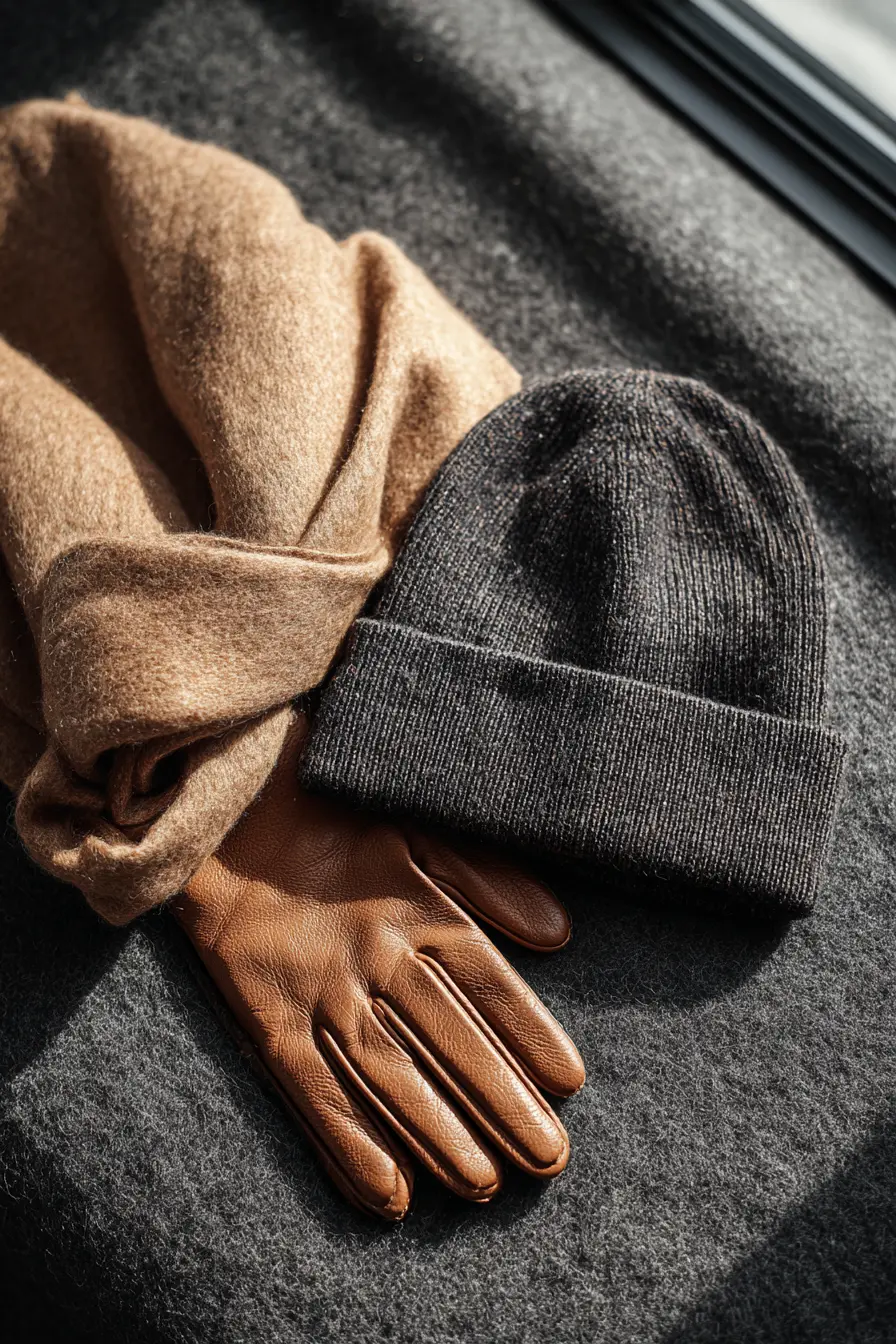 stylish winter outfit accessories cashmere scarf leather gloves and fitted beanie on city street