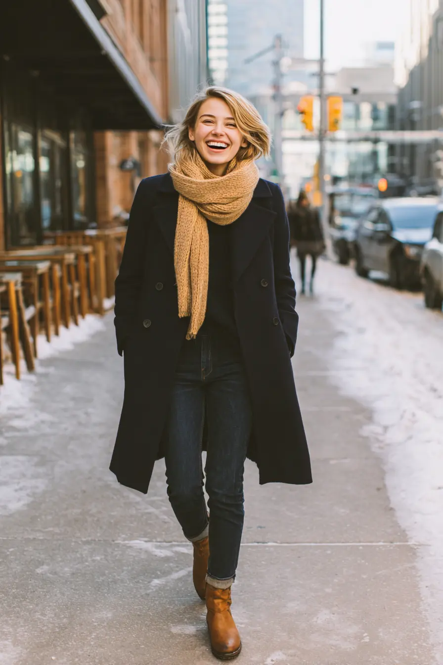 winter outfit formula in action structured coat layered knit and ankle boots on city street
