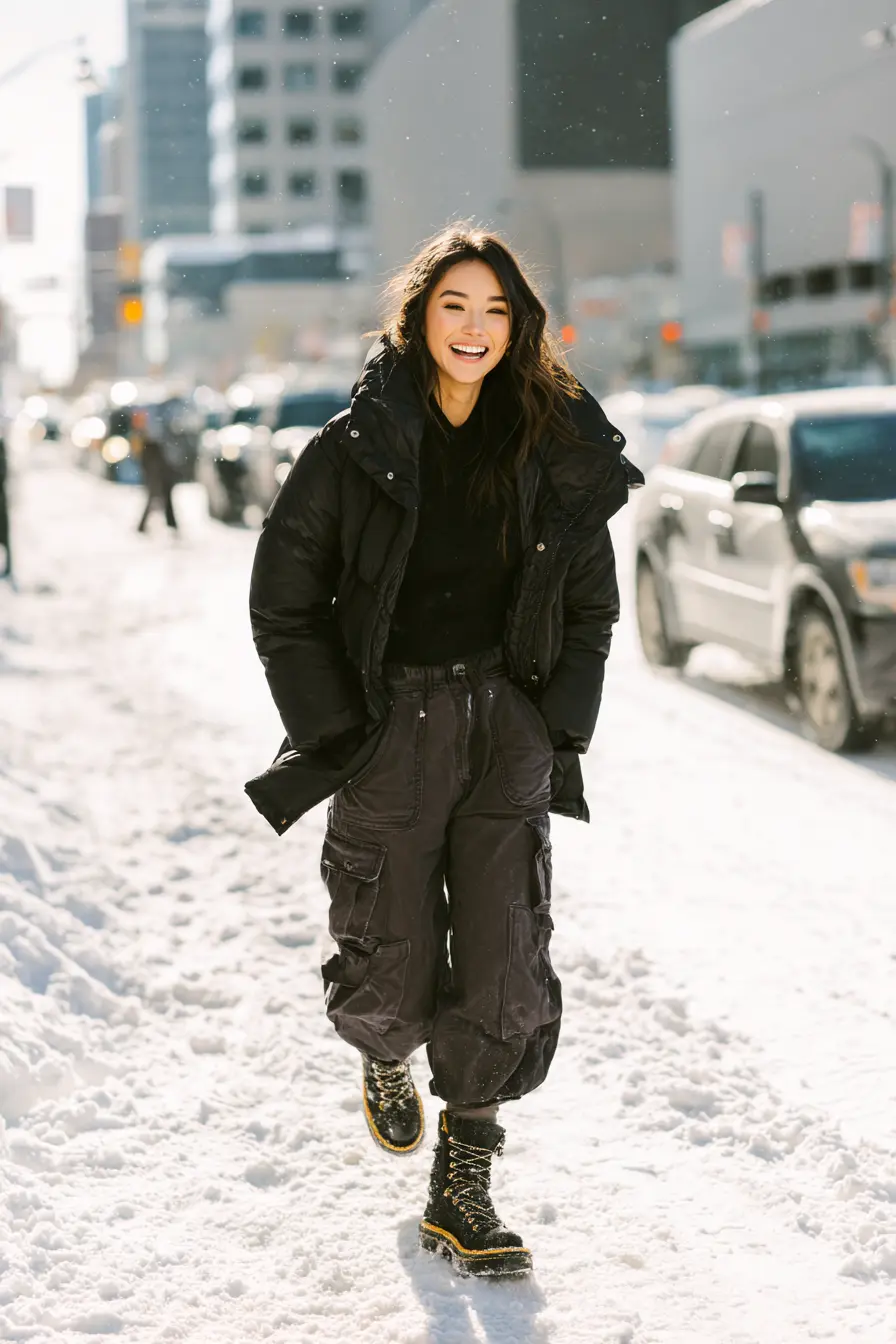 winter puffer coat outfit wide-leg pants chunky boots cold weather street style