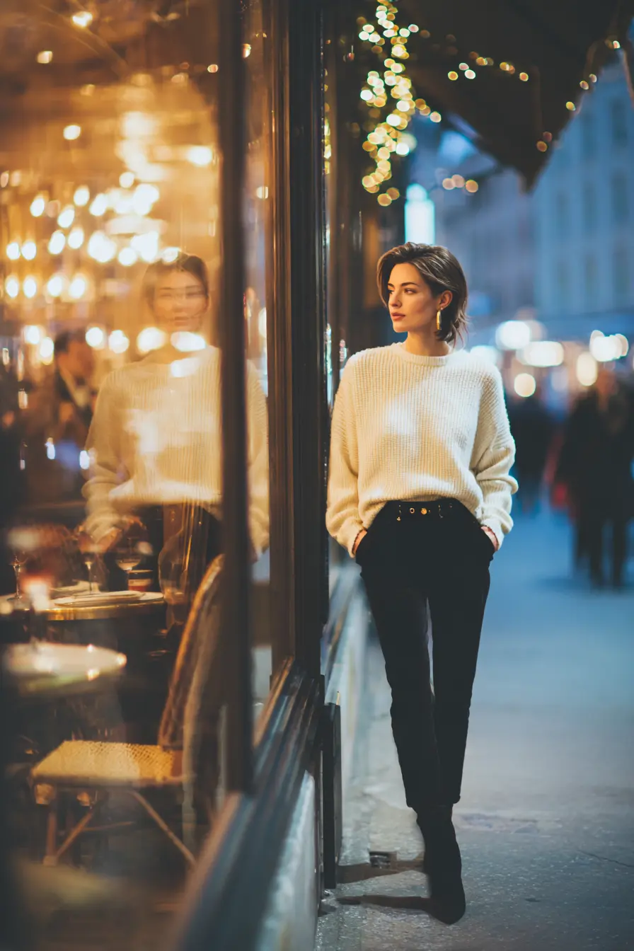 smart casual winter evening outfit slim trousers fine-knit crewneck ankle boots