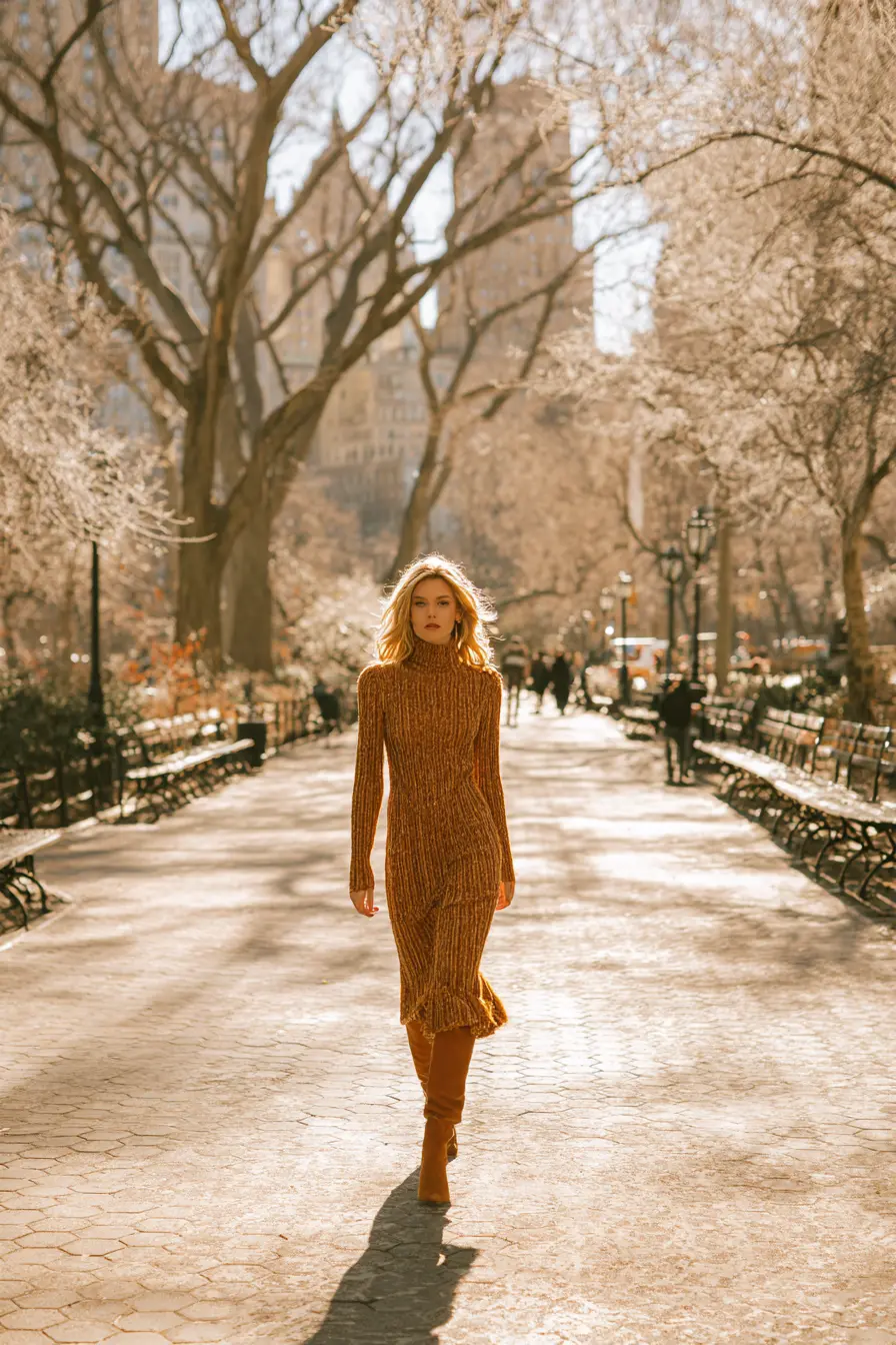 woman in ribbed turtleneck sweater dress and knee-high boots winter park look