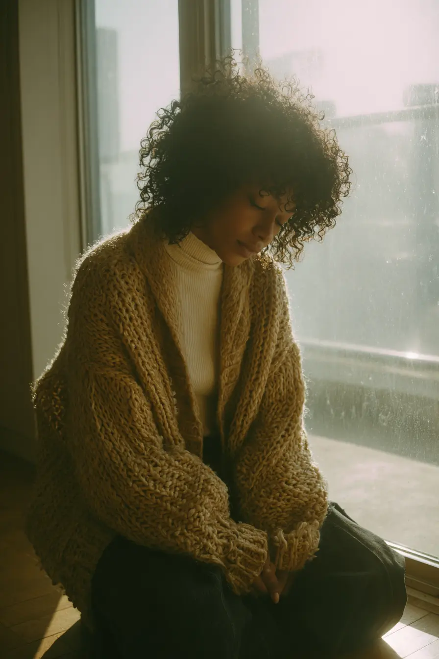 woman in oversized cardigan layered over turtleneck wide-leg jeans winter essential