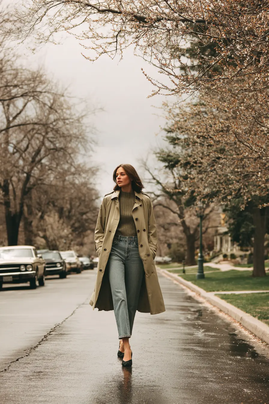 winter to spring transition outfit tailored trench coat over sage knit and straight leg jeans