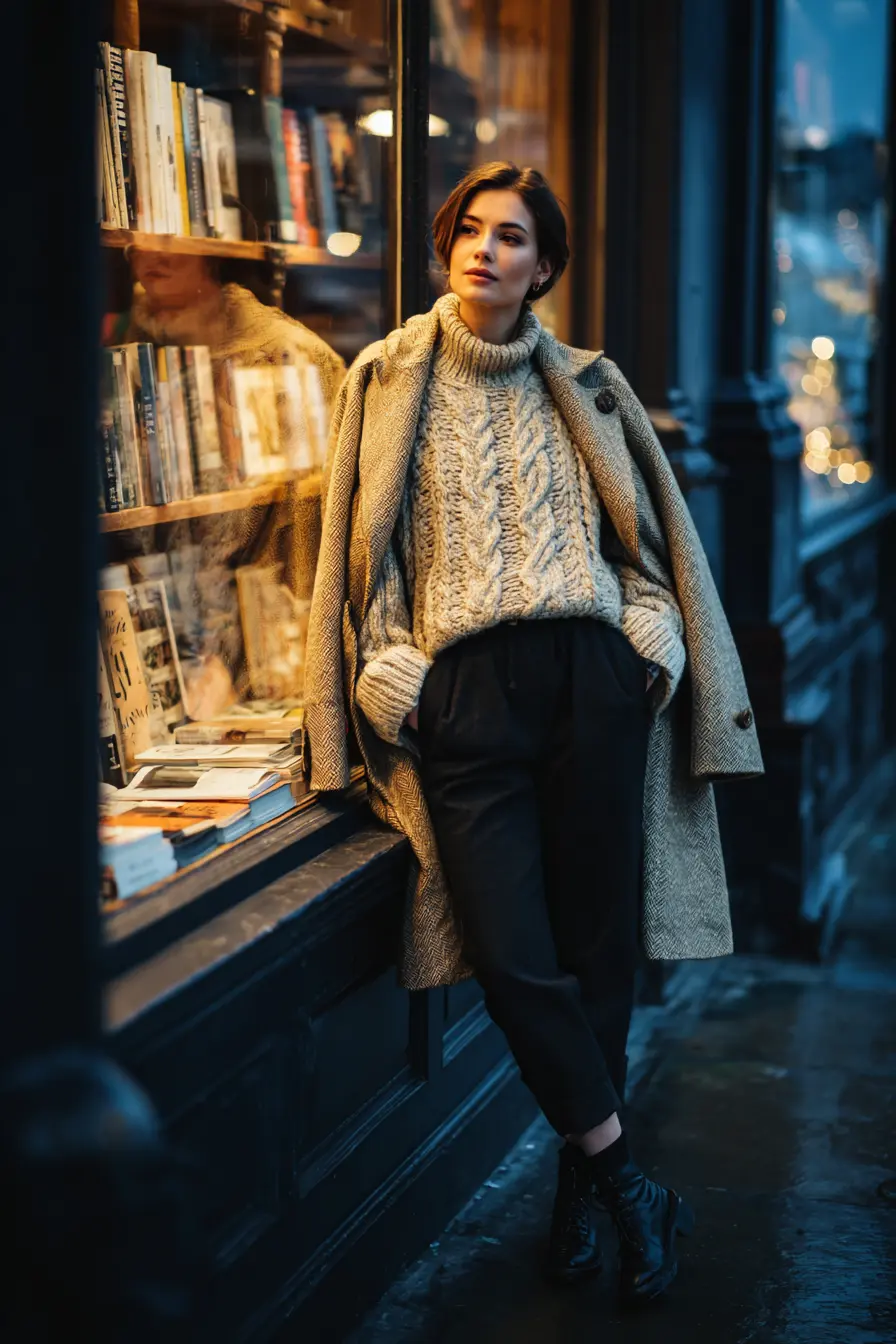 well-proportioned winter layering chunky knit slim trousers structured coat editorial look