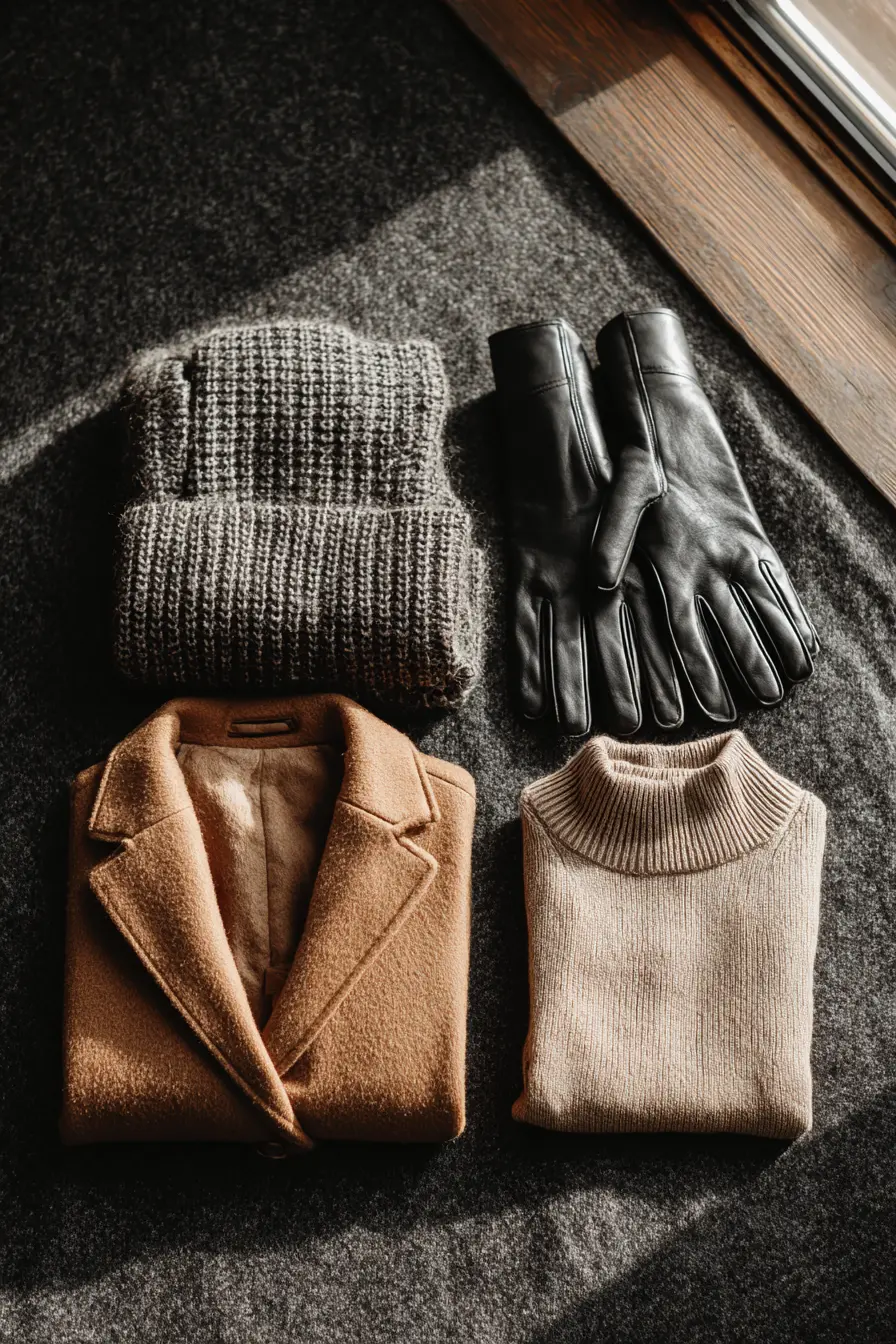 winter wardrobe essentials flat lay with wool coat scarf gloves on dark surface